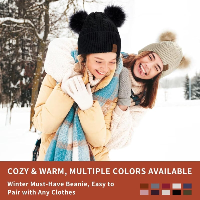 FISFET Beanies Women with Double Pom Pom, Winter Hats for Women Cold Weather Warm Knit Fleece Lined, Cute Beanie Cap - Image 4